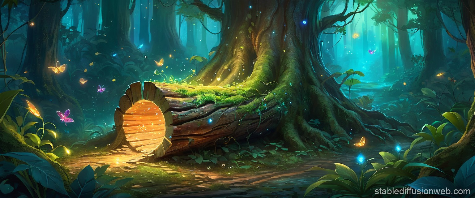 light in a log in mystical forest at night