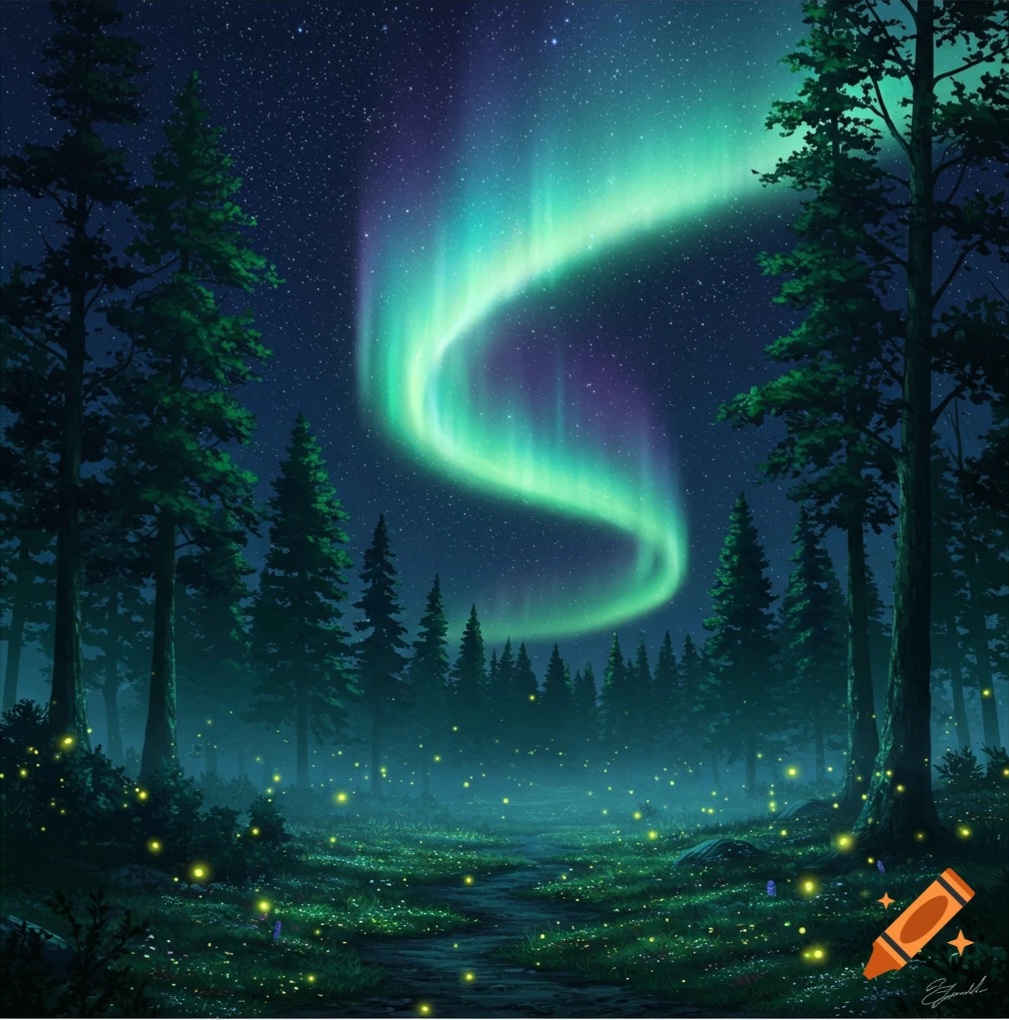 northern mystical forest with aurora in the sky