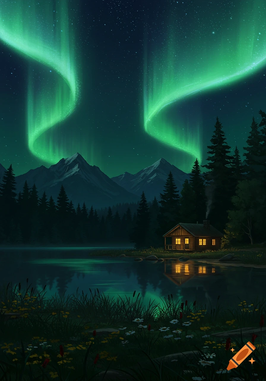 cabin near lake with light on at night