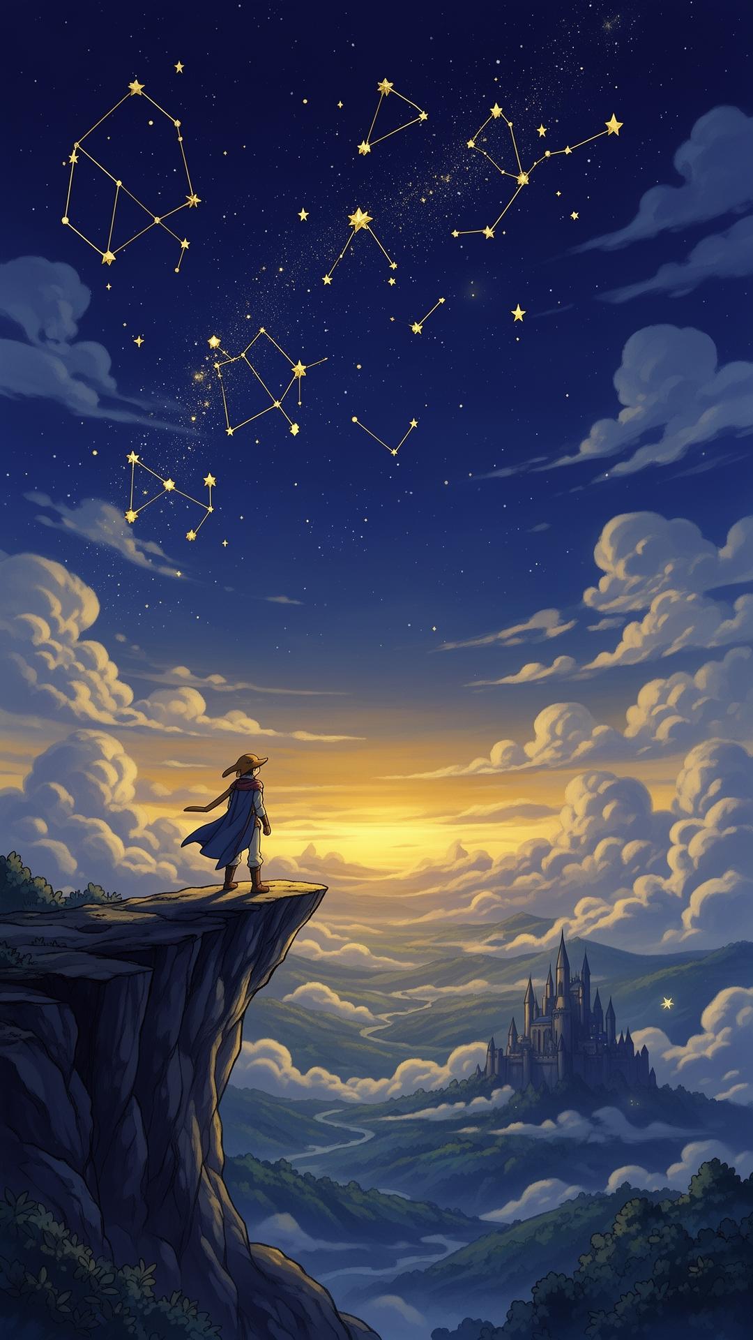 A cloaked traveler on a moonlit cliff overlooking a distant castle, framed by golden constellations